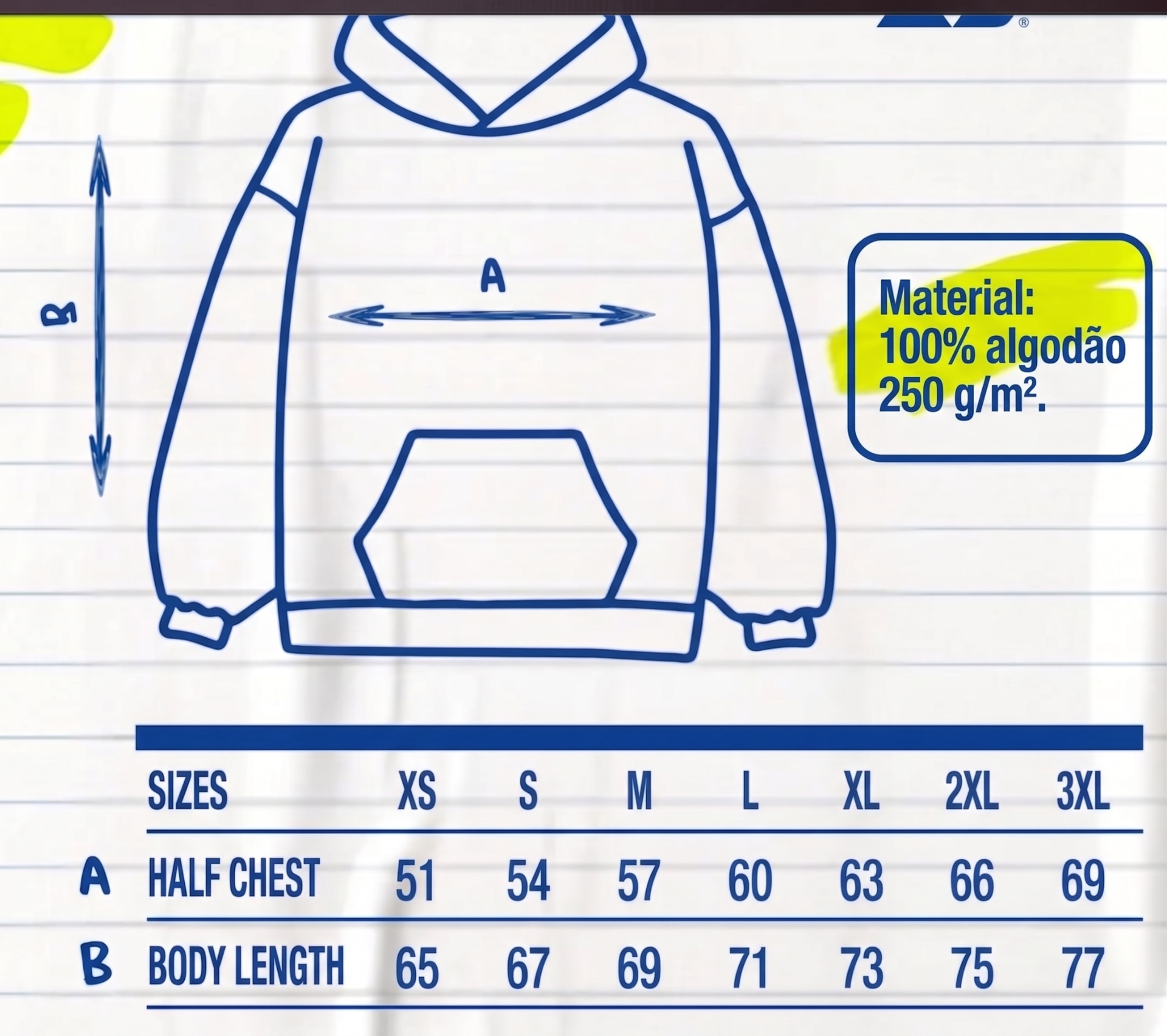 Guia de tamanhos do hoodie com medidas de meio peito e comprimento